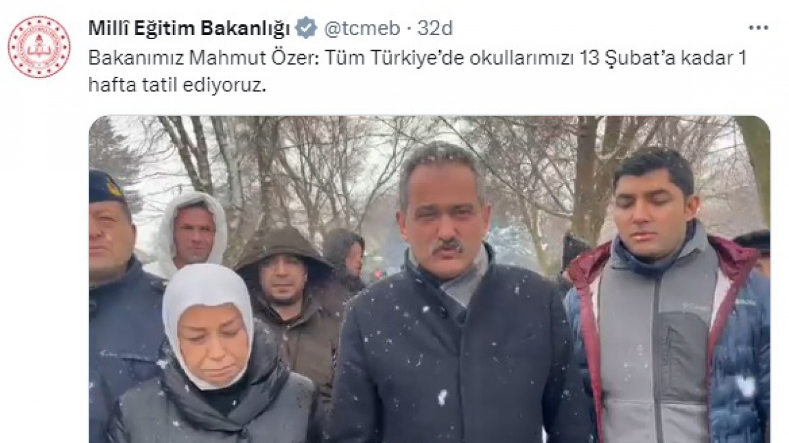 Tüm Türkiye'deki okullar 13 Şubat'a kadar 1 hafta süreyle tatil edildi